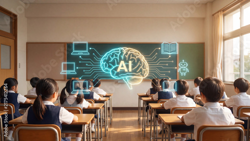 Classroom children sit at wooden desks while an artificial intelligence graphic glows above the green board.
