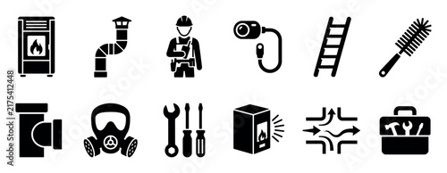 Collection of black silhouette icons for chimney sweeping services, featuring a stove, flue pipe, technician, inspection camera, ladder, brush, respirator, and various repair tools