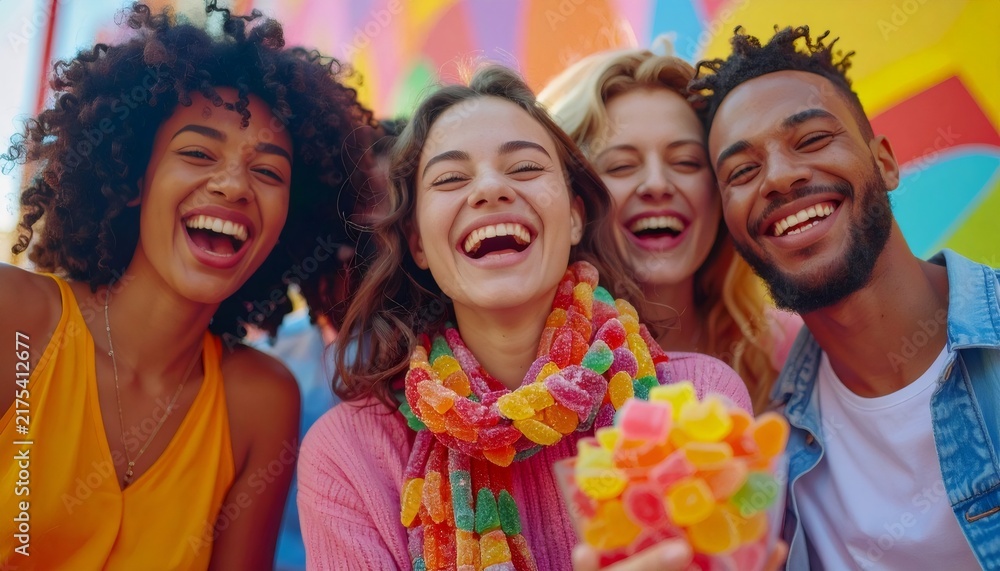 Fototapeta premium Diverse friends laughing enjoying colorful gummy candy together