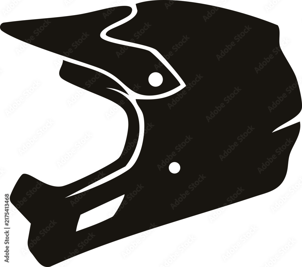 Fototapeta premium Full-face helmet icon for cycling, motocross, and extreme sports safety. Single black silhouette symbol of mountain bike downhill and motorcycle protective headgear with visor. Vector illustration