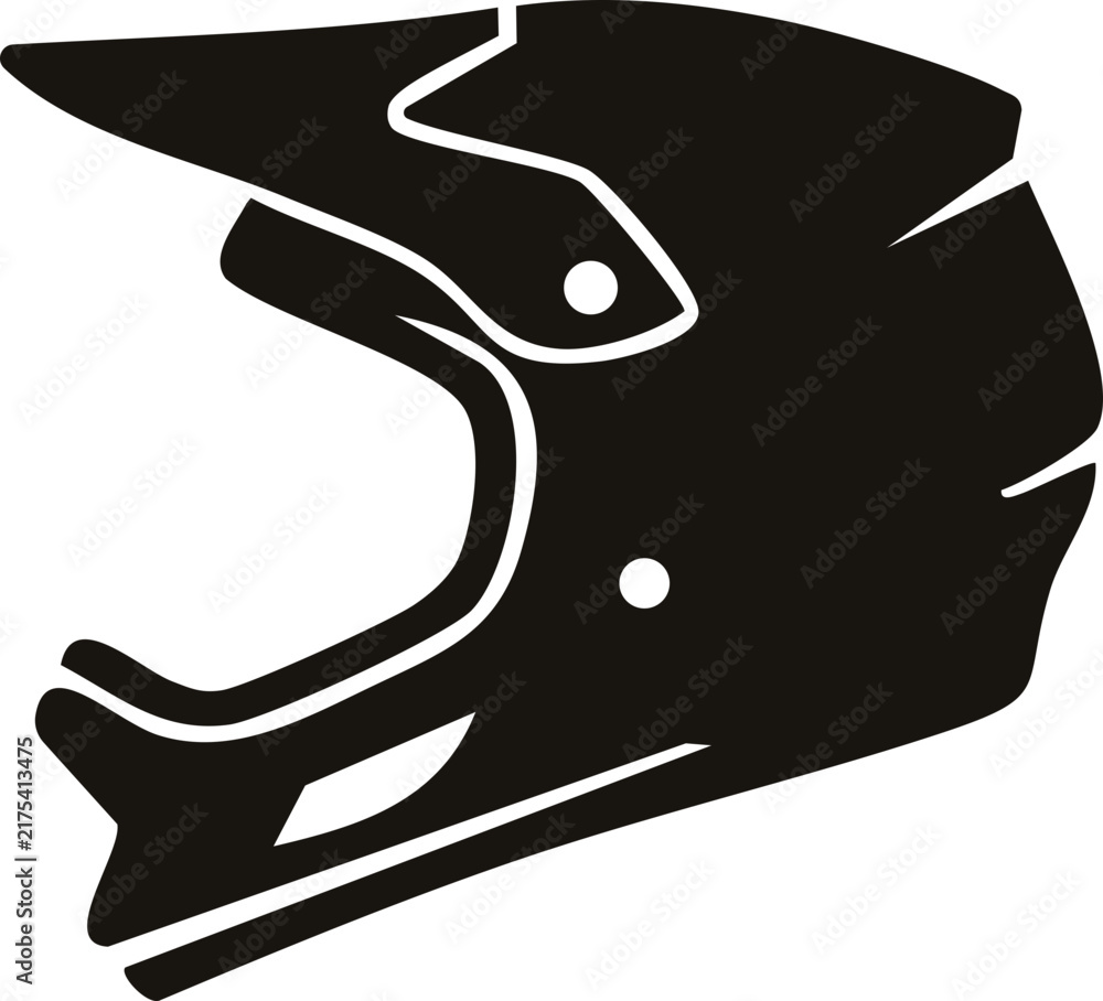 Fototapeta premium Full-face helmet icon for cycling, motocross, and extreme sports safety. Single black silhouette symbol of mountain bike downhill and motorcycle protective headgear with visor. Vector illustration