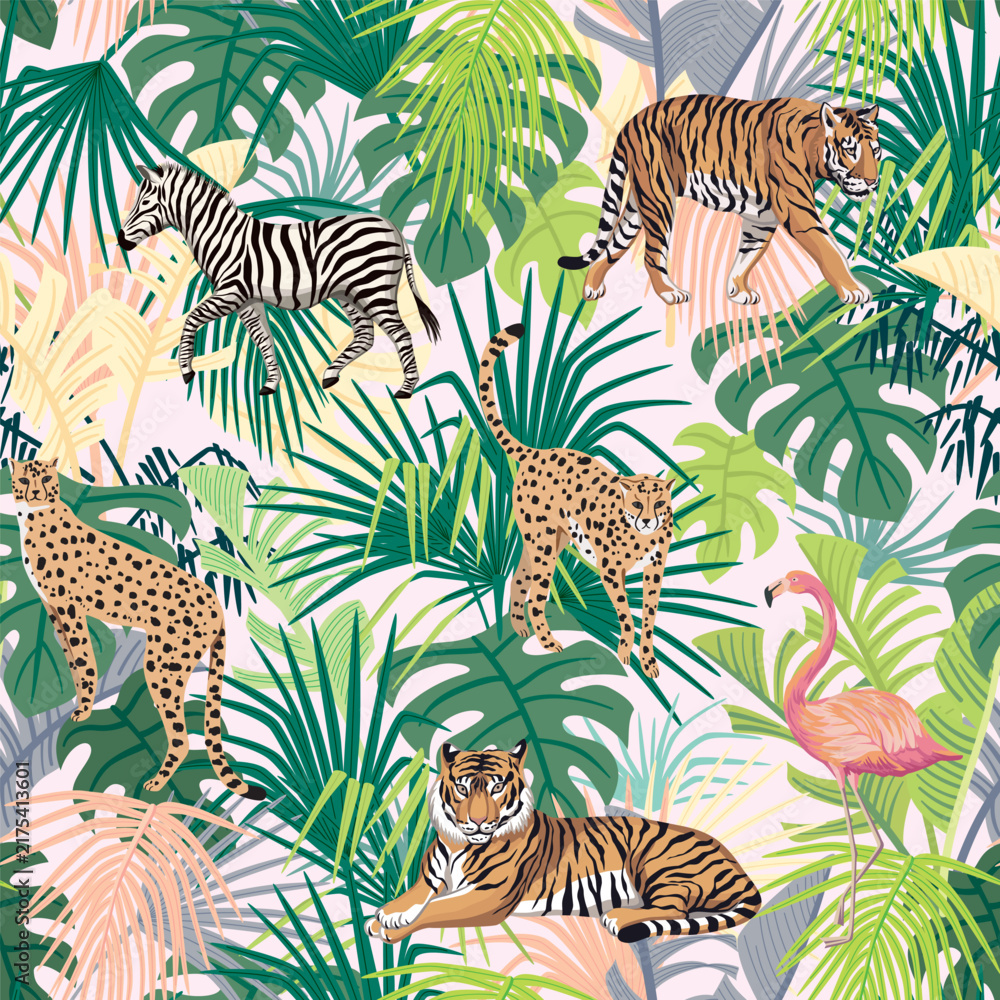 Fototapeta premium Tiger, zebra, cheetah, flamingo, tropical palm leaves floral seamless pattern. Exotic jungle wallpaper.