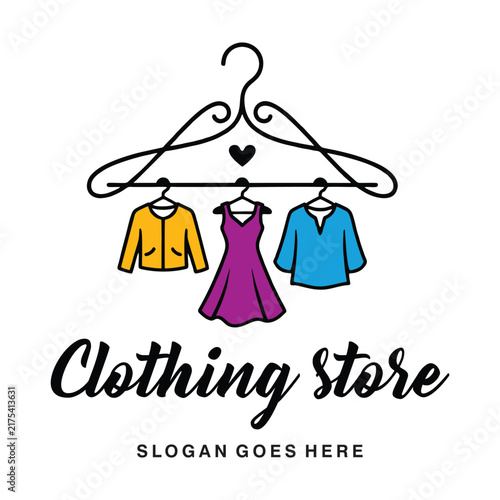 Fashion Clothing Store Logo Design - Large Clothes Hanger with Colorful Dress, Jacket, and Top Vector Icon for Women Boutique and Apparel Shop