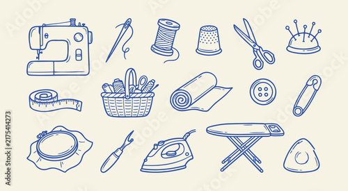 Set of hand drawn sewing and tailoring tools and accessories