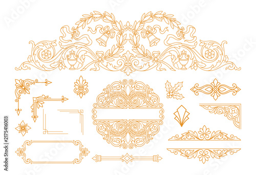 Floral wedding ornaments and christmas bells in golden victorian line art frame set.