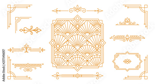 Golden art deco frames and geometric dividers for elegant stationery and website layout.