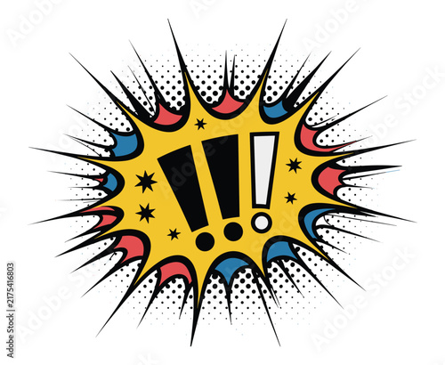 Quadro su tela Comic book style speech bubble with three exclamation marks, yellow burst shape,