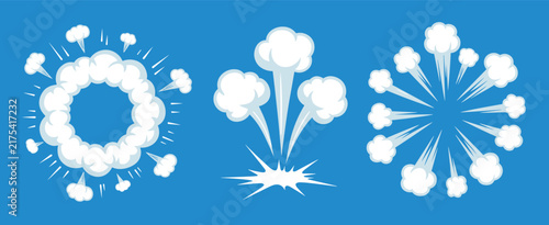 Set of three white cartoon smoke and explosion effects, including a circular cloud, a vertical burst, and a radial blast on a blue background