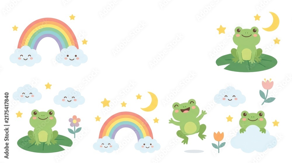 Obraz premium Sweet nursery frog clipart featuring smiling baby frogs with rainbows, stars, fluffy clouds, crescent moons, lily pads and small flowers, soft rounded