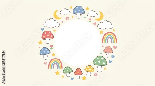 Sweet nursery mushroom clipart featuring rounded colorful mushrooms with rainbows, stars, fluffy clouds, crescent moons, tiny flowers and hearts, whim