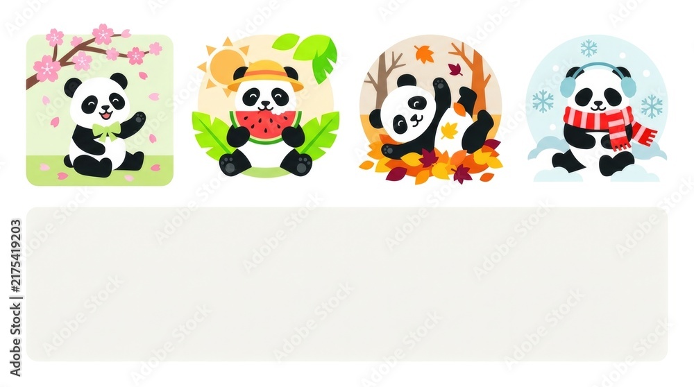 Obraz premium Collection of cute pandas enjoying seasonal activities including spring blossoms, summer fruit, autumn leaves and winter scarves, clean commercial vec