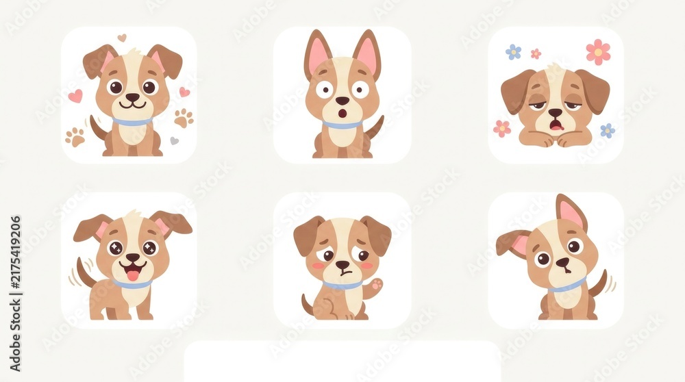 Obraz premium Commercial children's puppy clipart collection featuring playful puppies with balls, paw prints, toy bones, flowers, butterflies, stars and simple pet