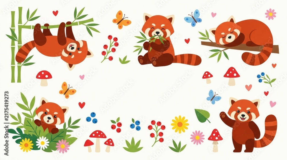 Obraz premium Cute red panda clipart pack with playful poses, bamboo branches, berries, mushrooms, butterflies, flowers, leaves and tiny hearts, cheerful children's