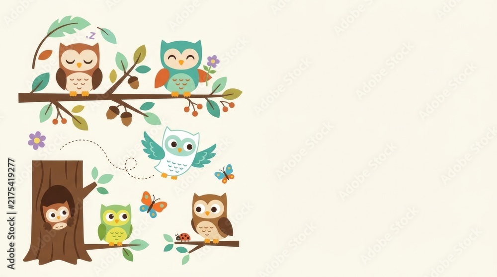 Fototapeta premium Cute owl clipart pack with playful baby owls flying, sitting on branches, peeking from a tree hollow, watching butterflies, holding tiny flowers and s