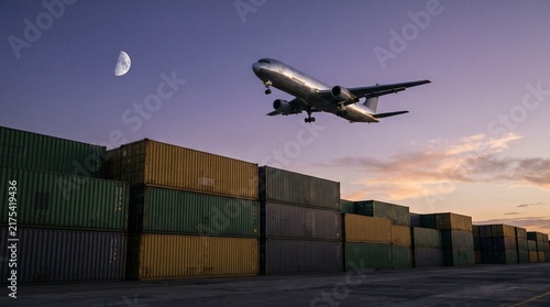 Cargo airplane flying over shipping containers at dusk, air freight logistics and global supply chain transport background