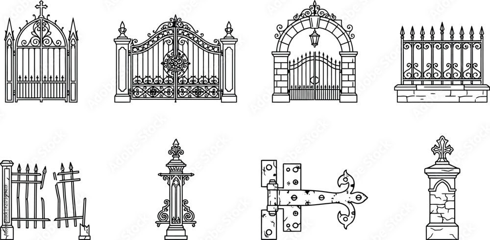 Obraz premium A collection of eight distinct black and white line art illustrations depicting various ornate wrought iron fences, decorative gates, gate pillars, and heavy metal hinges.