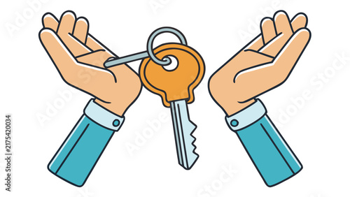 Professional hands holding a house key representing real estate ownership and property investment in a flat vector illustration style