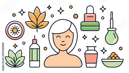 Skincare routine concept with woman face surrounded by natural beauty products and organic herbal ingredients in flat line art style