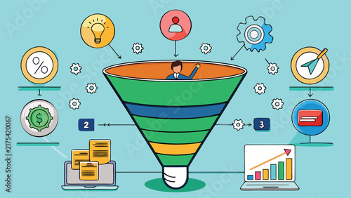 Sales funnel diagram with a businessman inside illustrating marketing strategy and customer conversion process in a flat vector style