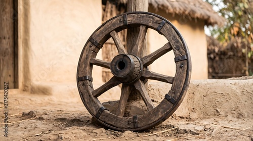 A wooden wagon wheel against the backdrop of a clay wall in a rural setting. AI generated.
