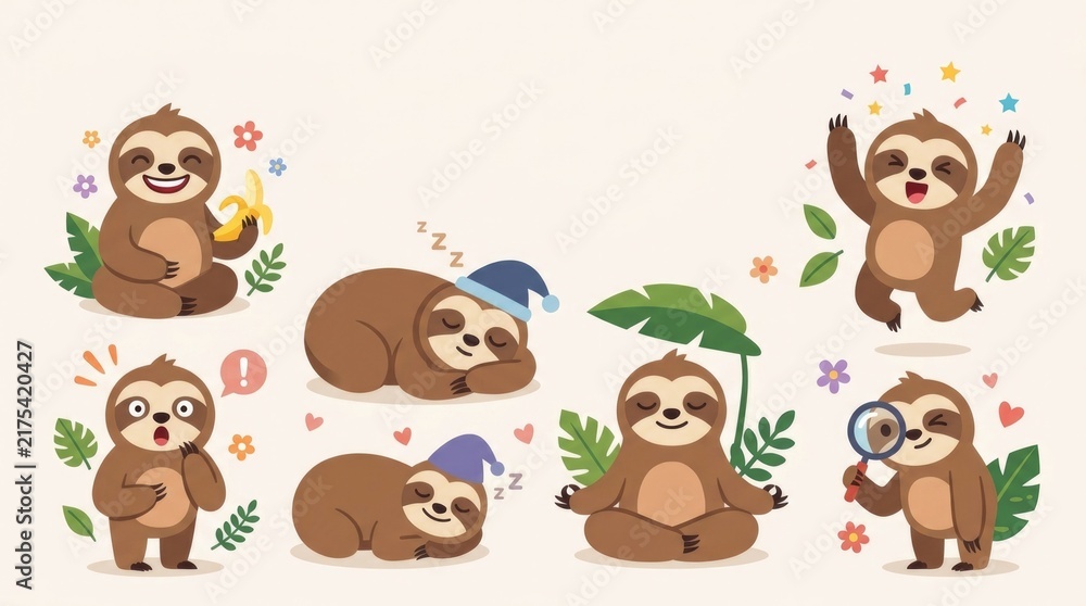Obraz premium Cute sloth character collection with different emotions including happy, sleepy, surprised, excited, calm and curious, accompanied by leaves, flowers