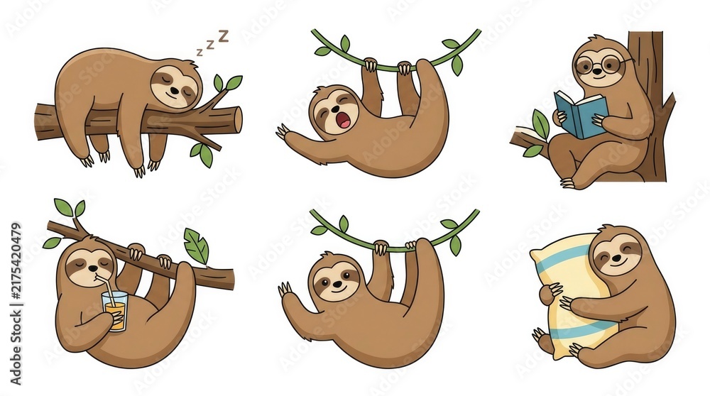 Fototapeta premium Sloth sticker-style clipart collection including sleeping, yawning, reading a book, drinking juice, waving, hugging a pillow and swinging from vines