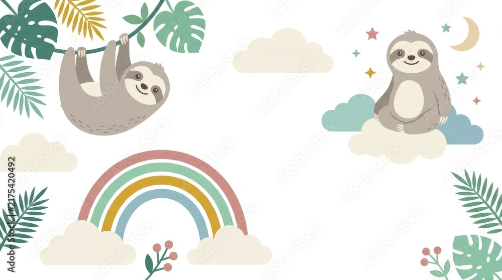 Fototapeta premium Sweet nursery sloth clipart featuring smiling sloths with clouds, crescent moons, stars, rainbows and tropical foliage, soft rounded child-friendly sh