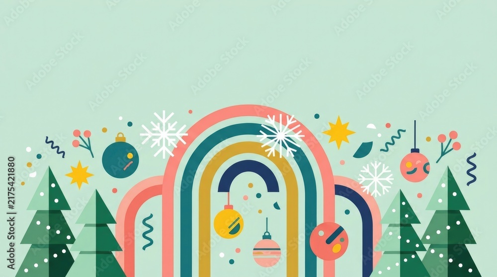 Fototapeta premium Contemporary Christmas composition with colorful abstract arches, floating festive shapes, stylized pine trees, stars and modern decorative elements