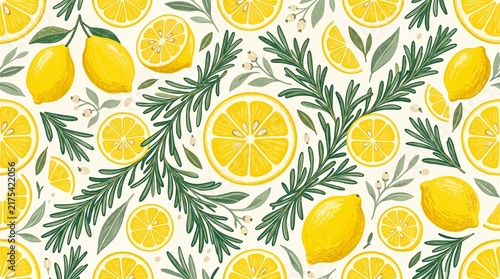 Lemon and Rosemary Mediterranean Seamless Pattern with Crayon Illustration