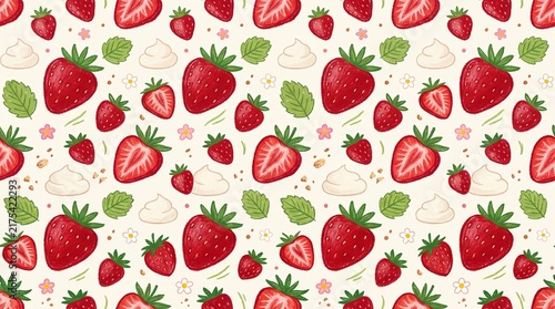 Strawberry and Cream Seamless Pattern with Hand Drawn Food Illustration