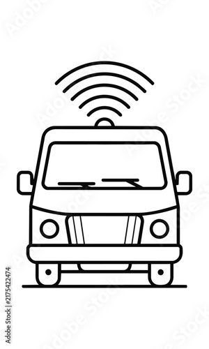 Front view of a minimalist electric delivery van with wifi signal waves on a white background, smart logistics concept