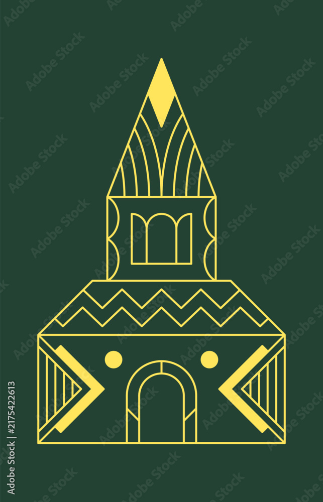 Naklejka premium Church Facade With Spire Geometric Line Art