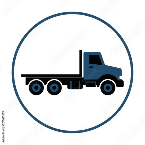 Minimalist side profile icon of a heavy-duty cargo flatbed truck inside a thin circular frame isolated on a white background transportation logistics concept