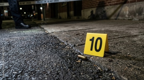 Crime Scene Evidence Marker With Bullet Casing At Night