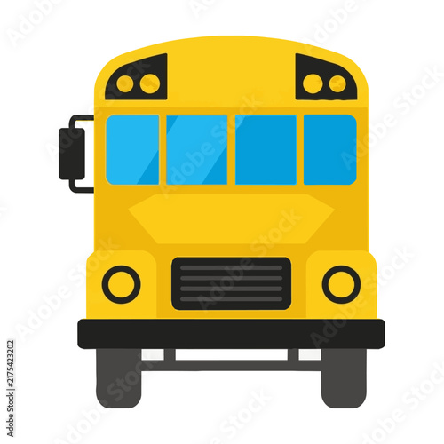 Symmetrical front-facing school bus in vibrant yellow and bright blue, featuring simple flat design with clean shapes, isolated on white. Education concept