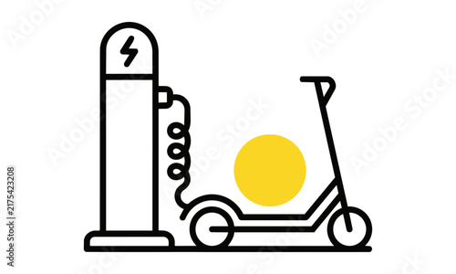 A simple black monoline electric scooter charging station icon with a stylized scooter outline and yellow circular accent. Urban sustainability concept