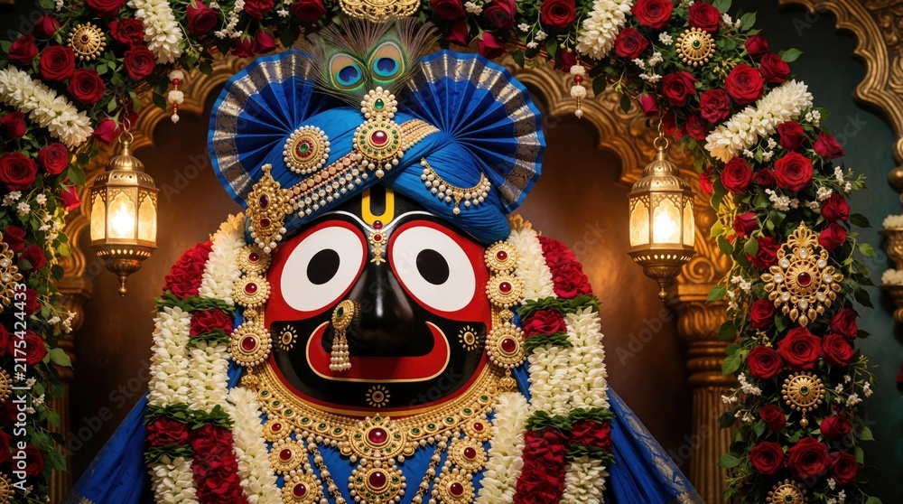 Fototapeta premium Deity Jagannath statue in ornate floral archway with blue turban, gold jewelry and peacock feathers. Red roses, white garlands and lanterns adorn the religious shrine during a festival celebration.