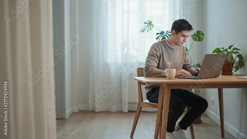 Young man typing on a laptop at a wooden table in a bright room with a sofa and plants, showcasing a relaxed and productive home office or study environment with natural light