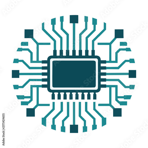 Minimalist circuit board memory card icon with stylized microchip and connection traces on a white background modern technology concept