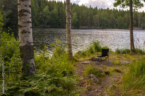 Lonely fishing chair near a forest lake