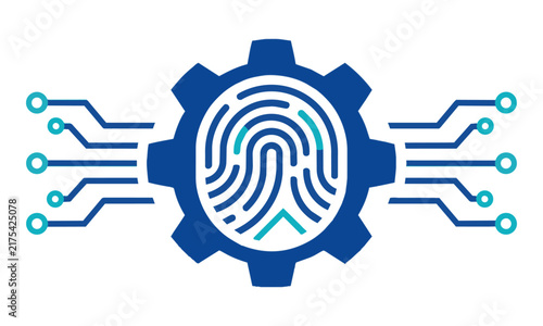 Minimalist cybersecurity icon with a biometric fingerprint and gear cogwheel featuring horizontal circuit nodes on a solid white background technology security concept