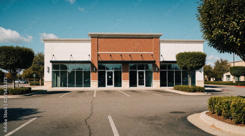 Obraz premium Modern commercial building with large windows sits empty in a sunny parking lot. This retail space is ready for business with clean lines and brick accents under a blue sky.