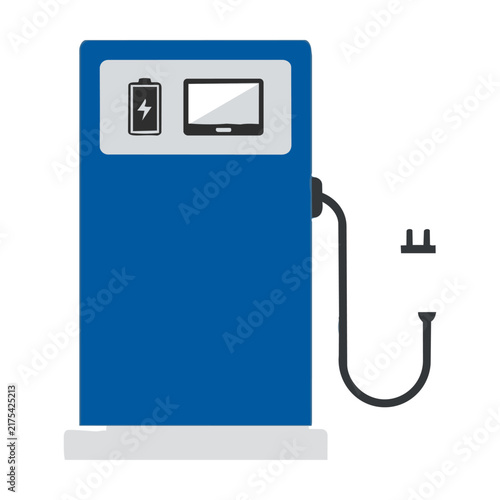 Blue electric vehicle charging station with a gray display and black cable isolated on white. Modern sustainable transportation concept
