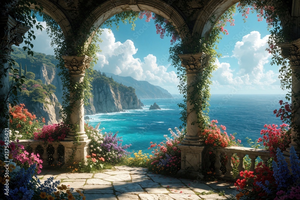 Obraz premium Archway opens to lush garden balcony overlooking blue sea and cliffs. Colorful flowers bloom on stone terrace, ivy climbs pillars near ornate railing. Beautiful seascape vista under bright sky.