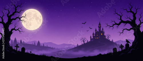 eerie halloween night background banner with a full moon