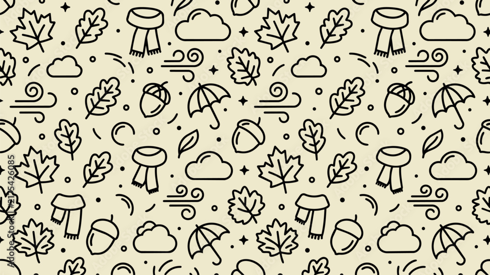 Obraz premium Minimalist Autumn Seamless Pattern with Line Art Icons of Maple Leaves, Acorns, Scarves, Umbrellas, and Clouds on Cream Background