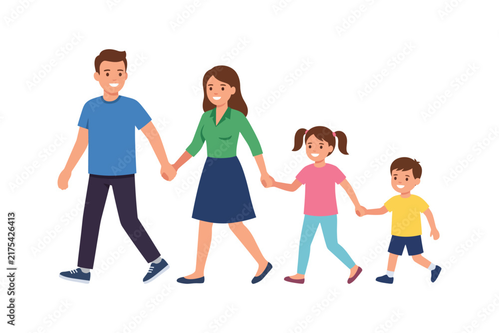 Fototapeta premium Happy Family Walking Together with Two Children Vector Illustration