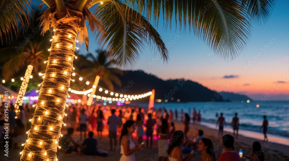 Naklejka premium Palm tree wrapped in lights hosts beach party at dusk. Blurred crowd enjoys ocean shore, summer vacation vibes, festive string illumination, and warm tropical evening atmosphere.
