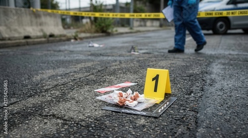 Crime Scene Investigation Marker Number One With Evidence On Asphalt