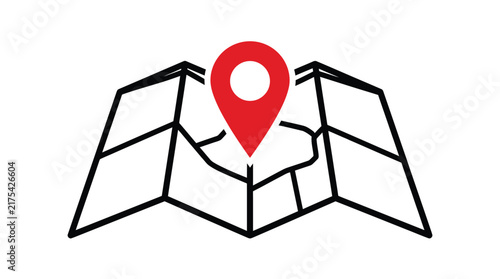 Bright red location pin icon sits centrally atop a folded paper map rendered in bold black lines against white background